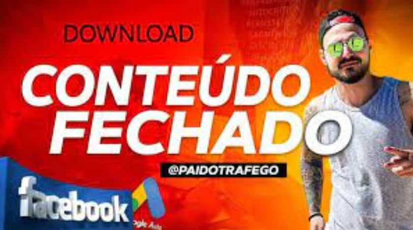 Capas do curso Conteúdo Fechado Pai de Tráfego, mostrando o autor Lucas Viana e gráficos de lucros com tráfego pago e conversão.