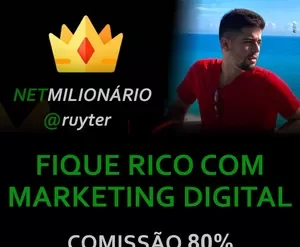 Capa do curso Net Milionário com ícones de marketing digital e sucesso financeiro