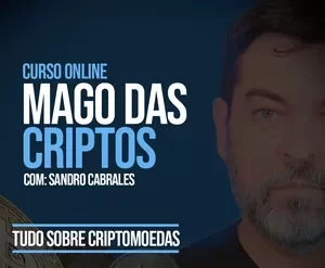 Homem sorridente estudando gráficos de criptomoedas em um laptop, com um fundo vibrante de moedas digitais.