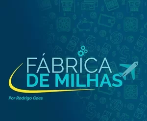 Rodrigo Goes apresentando o curso Fábrica de Milhas, com gráficos de crescimento financeiro e milhas aéreas.
