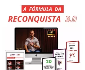 Capa do curso Fórmula da Reconquista 3.0 de Nicolas Correia com ícones de coração e estratégia.