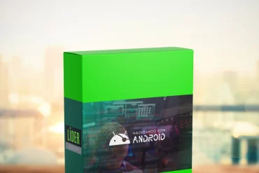 Estudante focado em um laptop exibindo código de programação e um smartphone Android com ícones de segurança e hacker.